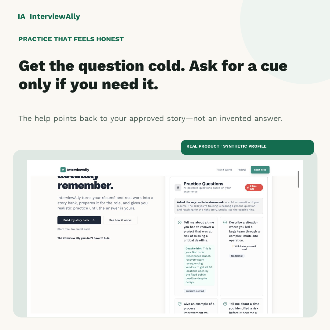InterviewAlly practice questions asked cold, with a coach hint pointing back to an approved story.