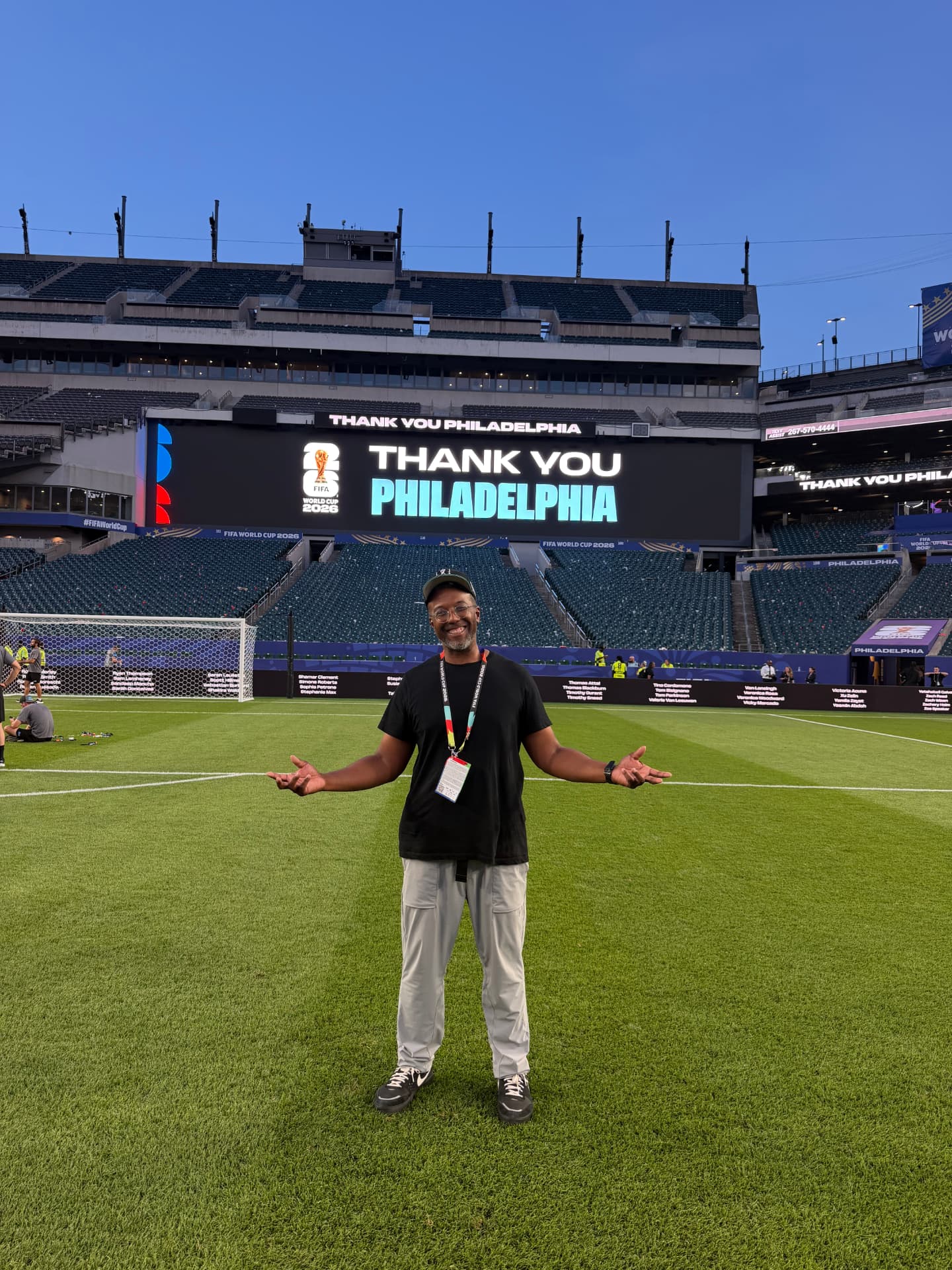 Brian Gibbs on the field at Lincoln Financial Field during the FIFA World Cup 26 build.