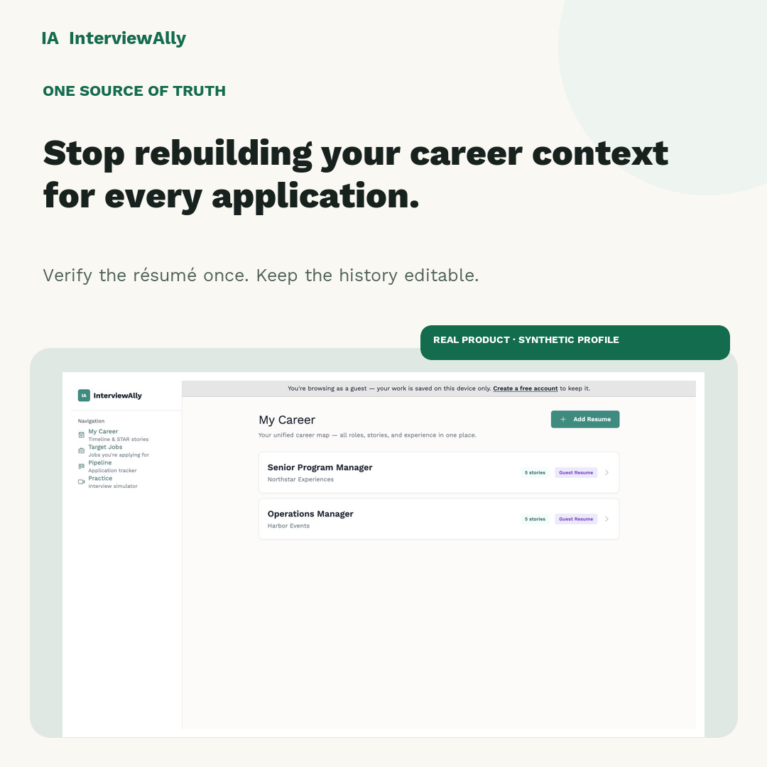 InterviewAlly career map listing past roles with their STAR stories.